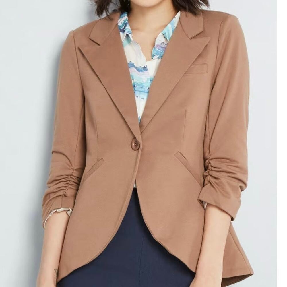 MODCLOTH Fine and Sandy Blazer Jacket Khaki Ruched 3/4 Sleeves - Sz XXS - NWT